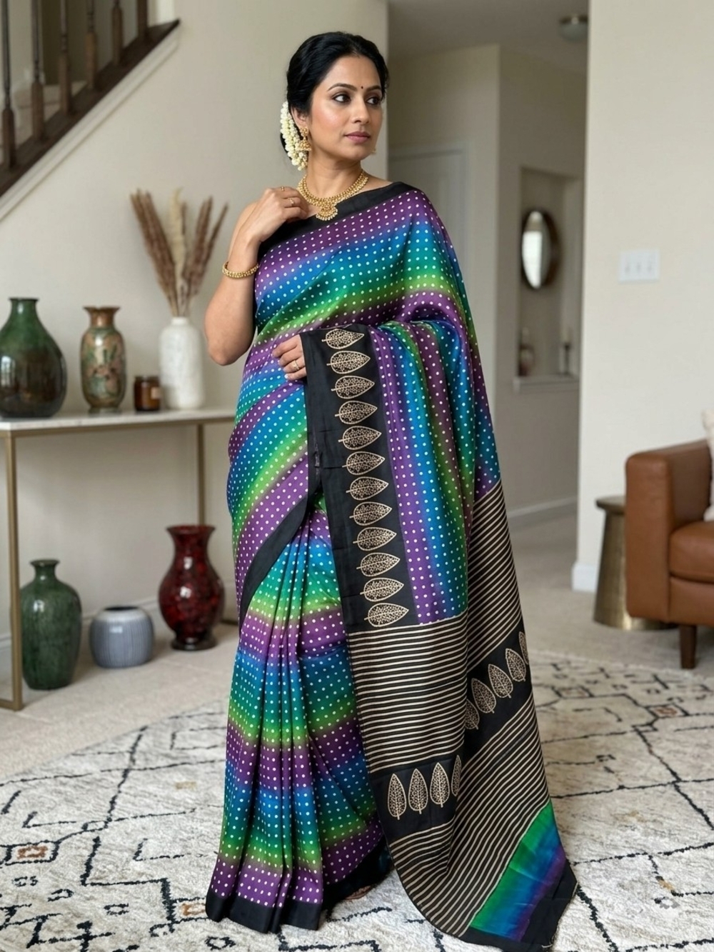 NWOT Women Pure Tussar Silk Multi Color Polka Dot Contemporary Saree W BP